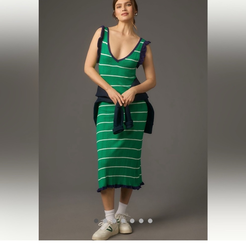 Daily Practice Anthropologie Green Stripe Knit Tennis Coastal Prep Midi Dress M